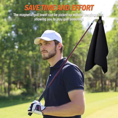 Golfer holding club with Magnetic Golf Towel 23.6x15.7 Inches Large Dual-Sided Microfiber And Scrub Towel With Waffle Weave attached.