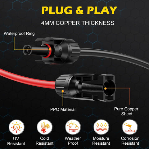 3 Ft 10 AWG Solar Extension Cable With Male And Female Connectors Waterproof Outdoor Solar Panel Cable Kit In Red And Black For Extending Your Solar System, Heavy Duty PE Jacket, Easy Plug And Play, detailed components and features.