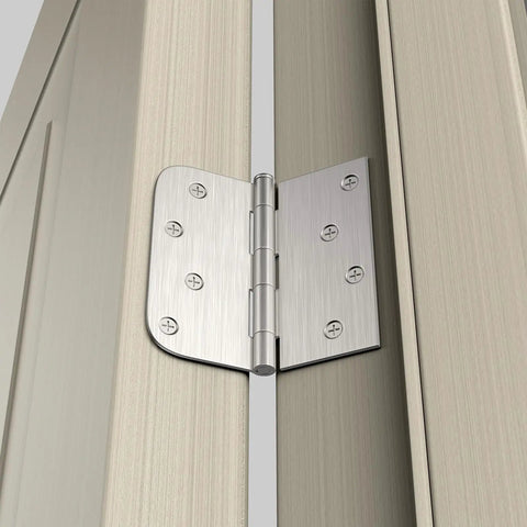Three Pack Satin Nickel Door Hinges 4 Inch By 4 Inch Iron Hinges With Square And Round Corners Includes 24 Matching Screws For Exterior And Interior Doors Built To Last installed on door