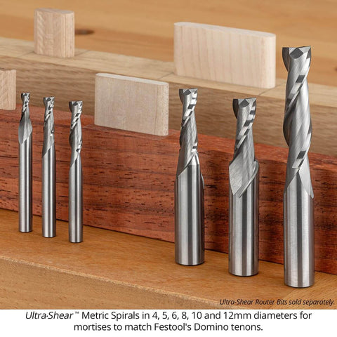 Ultra-Shear Metric Spiral router bits in various sizes, ideal for use with Mortising Jig For Plunge Router Easy To Cut Precise Mortises