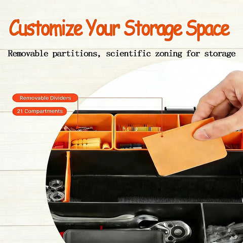 Hand adjusting removable divider in 3 Piece Toolbox Organizer Set with Clear Lid, 21 Compartments and Removable Dividers for Hardware.