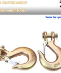 Badass Rock Solid Four Pack Of 5/16 Inch G70 Clevis Slip Chain Hook With Latch Forged Steel Heavy Duty Trailer Towing Gear Built Tough To Haul Weight Without Any Fuss On The Road, close-up of gold tone forged steel hooks.