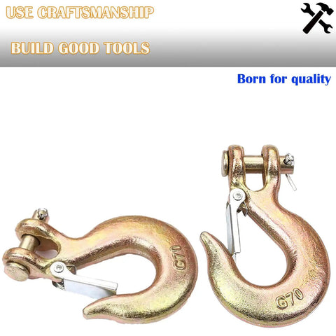 Badass Rock Solid Four Pack Of 5/16 Inch G70 Clevis Slip Chain Hook With Latch Forged Steel Heavy Duty Trailer Towing Gear Built Tough To Haul Weight Without Any Fuss On The Road, close-up of gold tone forged steel hooks.