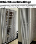Heavy Duty White Retractable Security Grille For Sliding Burglar Windows And Storage Sheds Featuring Smooth Operator Design Rust Resistant Steel Barrier With Rock Solid Lock Setup, showing the folded design for space-saving.