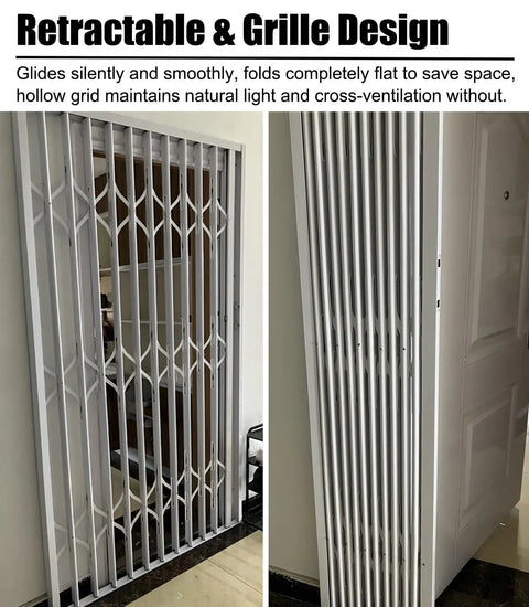 Heavy Duty White Retractable Security Grille For Sliding Burglar Windows And Storage Sheds Featuring Smooth Operator Design Rust Resistant Steel Barrier With Rock Solid Lock Setup, showing the folded design for space-saving.