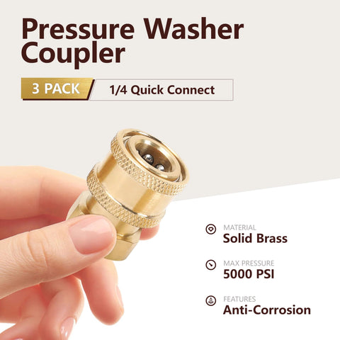 Pressure washer quick-connect coupler, solid brass, 1/4 inch, held in hand, 3-pack