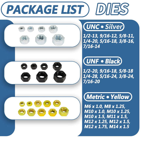 Image of Heavy Duty 49 Piece Thread Chaser Kit dies in UNC silver, UNF black, and metric yellow sizes with labels