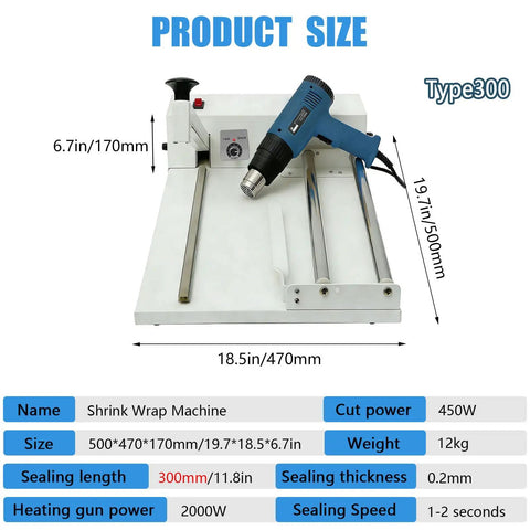 Heavy Duty Shrink Wrap Machine Kit With Heat Gun And Bar Sealer For 12 18 And 24 Inch Film Rolls shown with dimensions and details.