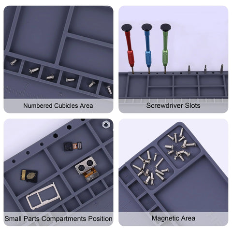 HPFIX ESD safe work mat by Amazon, gray 20.7" x 13.4" with numbered cubicle areas

HPFIX ESD safe mat by Amazon, gray, screwdriver slots with red, blue, and green handles

HPFIX ESD safe work mat by Amazon, gray small parts compartments position for microSD cards

HPFIX ESD safe mat by Amazon, gray magnetic area with screws