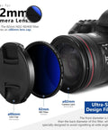 82mm Variable ND Filter ND2-ND400 1-9 Stops for Cameras and DSLRs, shown with camera lens and cap, ultra-slim design.