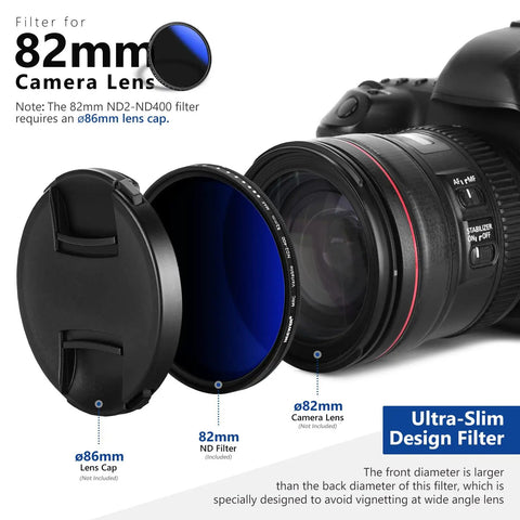 82mm Variable ND Filter ND2-ND400 1-9 Stops for Cameras and DSLRs, shown with camera lens and cap, ultra-slim design.