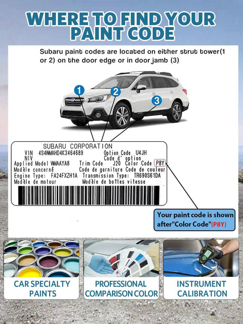 Image showing where to find Subaru paint code by strut tower or door edge with color examples and code details.