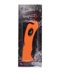 Foldable Dive Knife With Wrist Lanyard in packaging, orange handle, compact design, suitable for Scuba Diving, Fishing, Camping