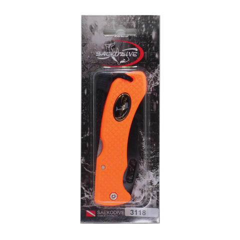 Foldable Dive Knife With Wrist Lanyard in packaging, orange handle, compact design, suitable for Scuba Diving, Fishing, Camping