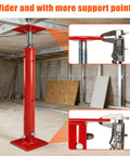 Two Pack Hella Tough Steel House Floor Jacks Adjustable Height From 21 To 43 Inches Handling 11023 Pounds With Swiveling Top Plate For Reliable Basement Support Work, showing red steel jacks with measuring caliper details.