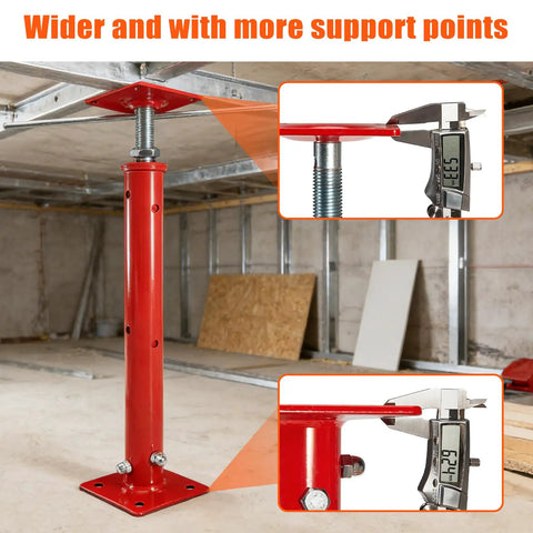 Two Pack Hella Tough Steel House Floor Jacks Adjustable Height From 21 To 43 Inches Handling 11023 Pounds With Swiveling Top Plate For Reliable Basement Support Work, showing red steel jacks with measuring caliper details.