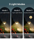 8 Pack Outdoor Solar Path Lights Auto On Off Waterproof Landscape Lighting Warm White LEDs for Walkways Yards Gardens And Driveways Easy Setup Energy Saving Solar Garden Glow, showing 3 light modes: low, high, gradual breathing.