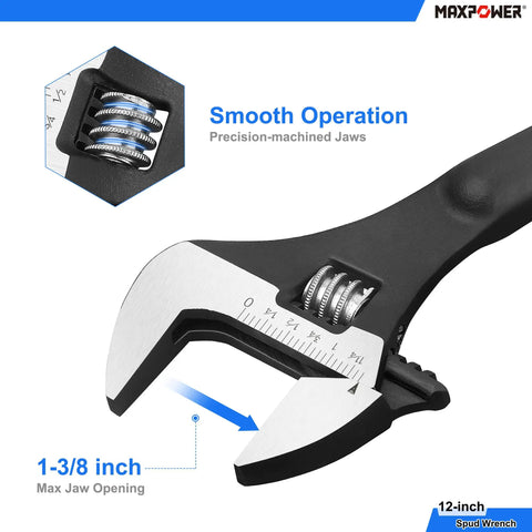 Close-up of a 12-inch adjustable spud wrench with precision-machined jaws, part of the Two Piece Spud Wrench Set With 12 Inch Adjustable Spud Wrench And 16 Inch Spud Wrench With Reversible Jaw And Hammer Head, Heat Treated CR V Steel, Black Phosphate Finish, Built For Tough Plumbing And Mechanical Jobs That Gets The Job Done.