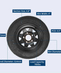 2 Pack Trailer Tire On Rim 4.80-12 480-12 4.80x12 Tires With 5 Lug On 4.5 In PCD And 12 In Wheels Black 6PR front view with specs