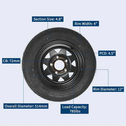 2 Pack Trailer Tire On Rim 4.80-12 480-12 4.80x12 Tires With 5 Lug On 4.5 In PCD And 12 In Wheels Black 6PR front view with specs