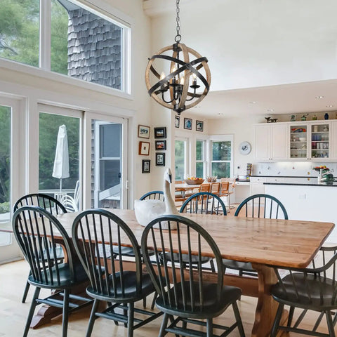 Dining room with Cozy Rustic Farmhouse 4 Light Chandelier With Height Adjustable Design, vintage white finish and wood frame