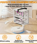 Heavy Duty Under Desk PC Mount No Drill Table Clamp Keeps Your Tower Off The Ground Saving Space From Dust Pet Hair And Sneaky Kicks with a gaming tower and vacuum robot.