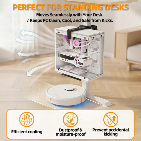 Heavy Duty Under Desk PC Mount No Drill Table Clamp Keeps Your Tower Off The Ground Saving Space From Dust Pet Hair And Sneaky Kicks with a gaming tower and vacuum robot.