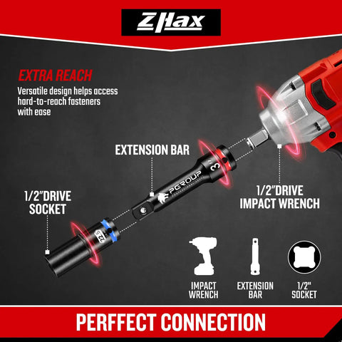 1/2 Inch Drive Impact Extension Bar Set Offers 3 6 And 10 Inch Options Crafted From Tough Cr Mo Steel For Knuckle Busting Auto Repair Jobs Featuring Bold Embossed Measurements That Handle Grime Like A Champ Every Single Time, shown with impact wrench.