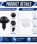 Genuine Fit 30 Piece Bumper Screw And Nylon Grommet Kit For Splash Shield and Fender Liner Repairs shows black bumper screw and white retainer clip.