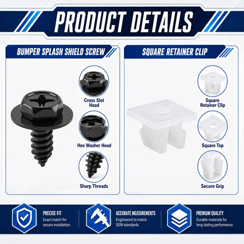 Genuine Fit 30 Piece Bumper Screw And Nylon Grommet Kit For Splash Shield and Fender Liner Repairs shows black bumper screw and white retainer clip.