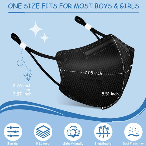 Kids KN95 Face Masks 5 Ply Pack 50 Count for Children with elastic ear loops and soft sponge nose bridge, breathable black masks.