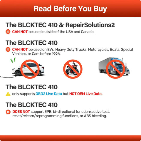 Warning information for 410 Bluetooth OBD2 Scanner For iPhone And Android No Sub Fee OBDII Car Code Reader Diagnose Check Engine Light And Read Codes Like A Pro For 1996 And Newer Vehicles