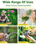 Various uses of Ratcheting Pruning Shears For Gardeners Heavy Duty Garden Clippers With Sharp SK5 Steel Blade Ideal For Bonsai Trees Flowers Hedges And Fruit Harvests Rust Resistant Durable Hand Pruner For Quick Clean Cuts in gardening activities like harvesting flowers, trimming bonsai, pruning trees, and picking fruits.