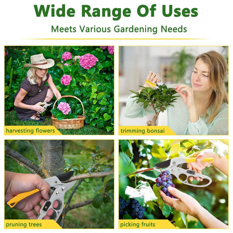 Various uses of Ratcheting Pruning Shears For Gardeners Heavy Duty Garden Clippers With Sharp SK5 Steel Blade Ideal For Bonsai Trees Flowers Hedges And Fruit Harvests Rust Resistant Durable Hand Pruner For Quick Clean Cuts in gardening activities like harvesting flowers, trimming bonsai, pruning trees, and picking fruits.