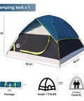 All In One Camping Gear Kit With 2 To 3 Person Dome Tent shown with dimensions and packaging details