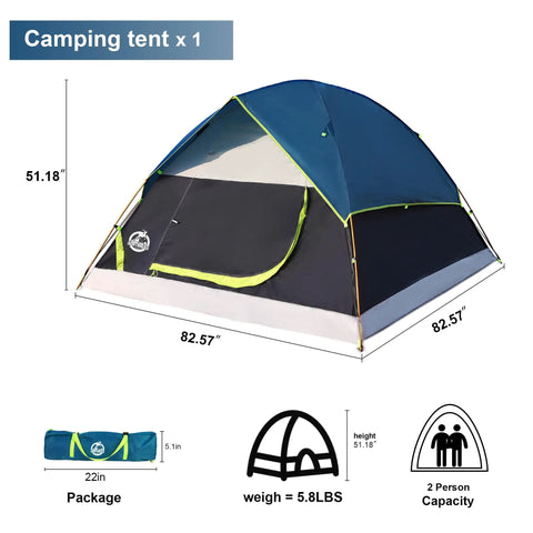 All In One Camping Gear Kit With 2 To 3 Person Dome Tent shown with dimensions and packaging details
