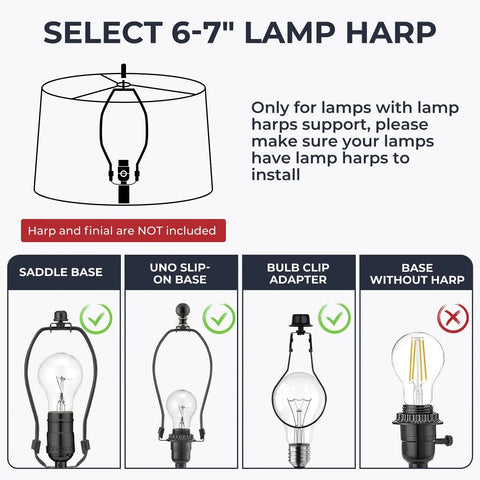 Lamp harp selection guide for Barrel Style Table Lamp Shade Replacement For Your Home Go To Natural Linen Black Lampshade With Classic Look And Easy Fit, 7.0 Inch Top Diameter, 13.0 Inch Bottom Diameter, 7.8 Inch Height, Hand Crafted Lampshade Cover For Most Table Lamps