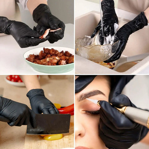 Heavy Duty Black Nitrile Disposable Gloves Built Tough For The Daily Grind Without Latex Or Powder 4 Mil Thick Puncture And Chemical Shield For Garage Detailing Or Kitchen Chores Small 100 in use for cooking, cleaning, and precise tasks.