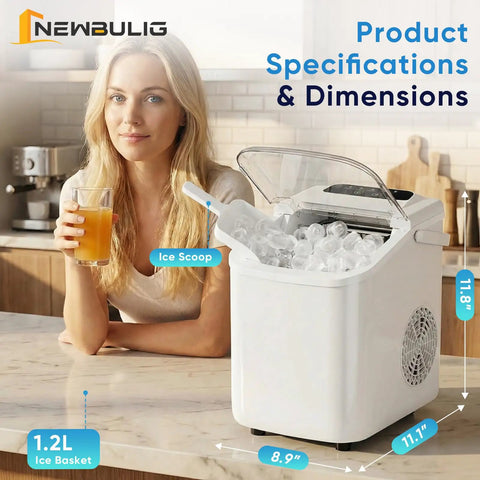 Countertop Ice Maker With Handle, Fast 6 To 8 Minute Bullet Ice Cubes, Produces 26 Lbs Per Day, Self Cleaning With Ice Basket And Scoop