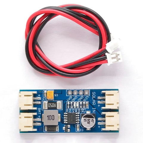MPPT Solar Charger Module CN3791 with red and black cables for 3.7V lithium batteries and 12V solar panels setup.