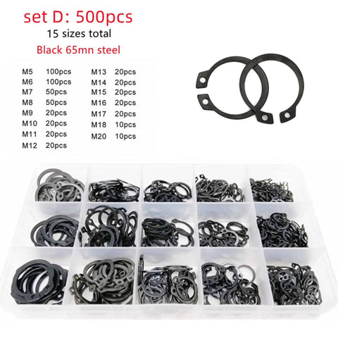 All In One External Circlip Snap Ring Assortment Kit M5 To M20, 500Pcs Stainless Steel And Carbon Steel C Clip Retaining Rings