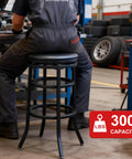 Mechanic using Swivel Industrial Shop Stool With Mesh Storage And Footrest 360 Degree Swivel, Heavy Duty Round Metal Bar Stool