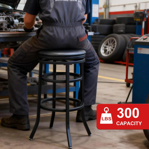 Mechanic using Swivel Industrial Shop Stool With Mesh Storage And Footrest 360 Degree Swivel, Heavy Duty Round Metal Bar Stool
