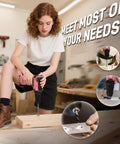 Young woman using Pink 120 Piece Home Tool Kit With 20V Cordless Drill Driver In Plastic Toolbox for women DIY projects