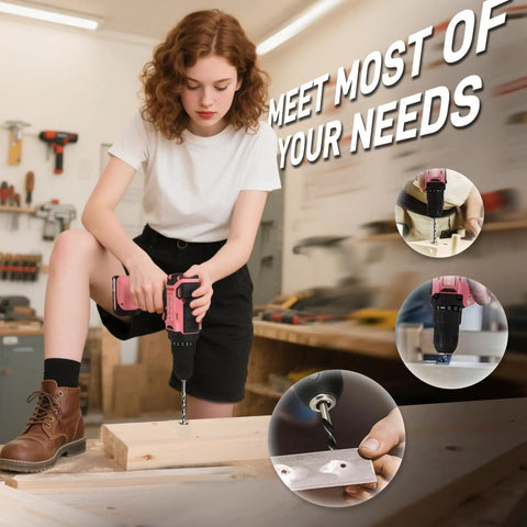 Young woman using Pink 120 Piece Home Tool Kit With 20V Cordless Drill Driver In Plastic Toolbox for women DIY projects