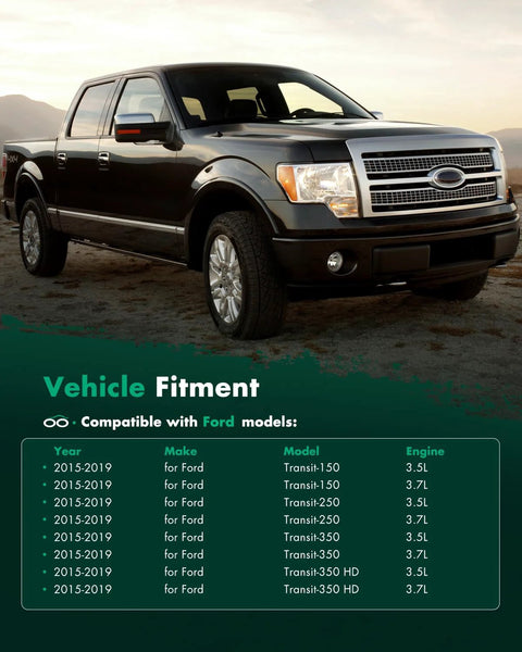 Ford truck parked in desert setting with vehicle fitment list for Ford Transit 2015-2019 models, engine compatibility shown