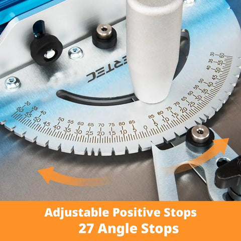 Killer Table Saw Miter Gauge System Featuring Twenty Seven Angle Stops And Beefy T Slotted Miter Bar With Removable Plate Plus Twenty Four Inch Multi Track Fence Jig Kit For Building close-up of angle adjustment with 27 stops
