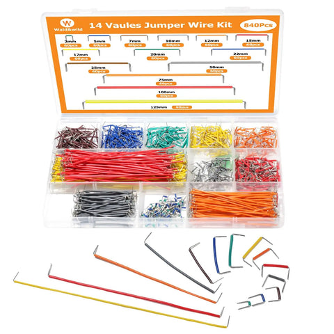 840 Piece Breadboard Jumper Wires Kit With 14 Precise Lengths From 2 To 125 Millimeters Pre Stripped Right Angled Cables Displayed