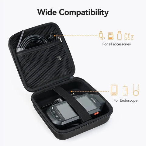 Endoscope Case for Wireless Borescopes, Upgraded Large Capacity Hardshell Carrying Case, USB and WiFi Ready, Tough Protective Gear for 4.3 Inch DS300 and 4.5 Inch Inspection Cameras, Black open with endoscope and accessories inside