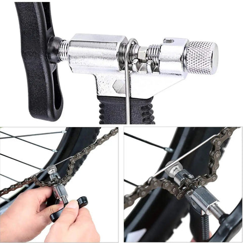 Close-up of Bike Chain Tool Set Pro Grade 2 In 1 Chain Breaker and Master Link Pliers on a bike chain.